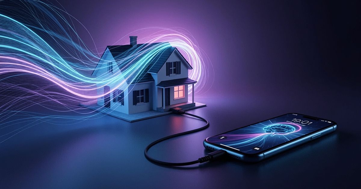Ilustración de casa conectada a agente de voz ia mediante telefono